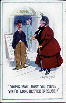 Cutout Prints: Comic postcard, Charlie Chaplin cardboard cutout figure outside cinema