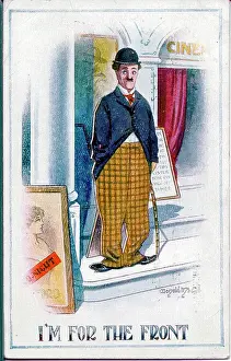 Wordplay Prints: Comic postcard, Charlie Chaplin figure outside cinema