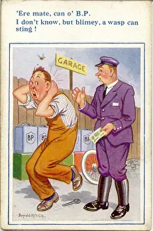 Meaning Prints: Comic postcard, Chauffeur buying petrol Date: 20th century