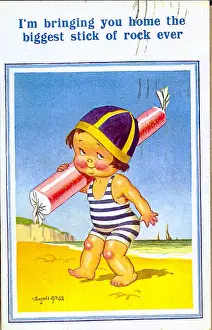 Biggest Prints: Comic postcard, Child on the beach with a giant stick of rock Date: 20th century