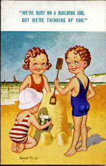 Meaning Prints: Comic postcard, Three children building sandcastle Date: 20th century