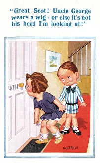 Peeping Collection: Comic postcard, Children peeping through bathroom keyhole
