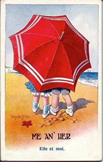 Comic postcard, Children with red parasol on the beach. Date: 20th century