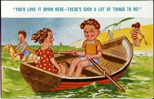 Oars Collection: Comic postcard, Children in a rowing boat on the sea Date: 20th century