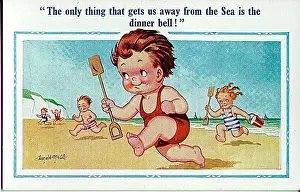 Comic postcard, Children running across the beach - dinner bell Date: 20th century