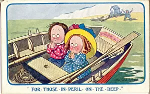 Deep Collection: Comic postcard, Two children at the seaside in a boat Date: 20th century