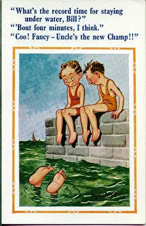 Comic postcard, Children sitting on wall at the seaside - underwater record Date Comic postcard, Children sitting on wall at the seaside - underwater record Date