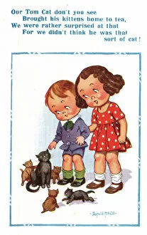 Comic postcard, Children with tom cat and kittens