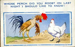 Cock Gallery: Comic postcard, Cockerel and hen Date: 20th century
