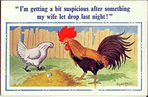 Suspicious Prints: Comic postcard, cockerel and hen with egg Date: 20th century
