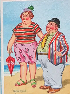 Images Dated 3rd September 2015: Comic postcard, Colourful couple on the beach
