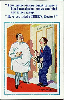 Casualty Prints: Comic postcard, Conversation in hospital corridor - blood transfusion Date: 20th century