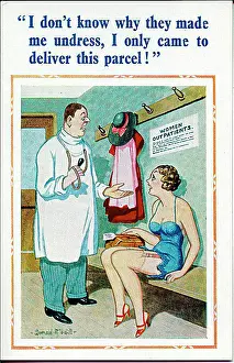 Comic postcard, Conversation in hospital outpatients Date: 20th century