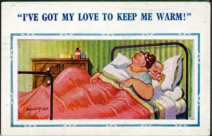 Contented Collection: Comic postcard, Couple asleep in bed Date: 20th century