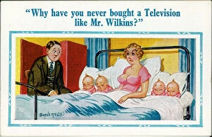 Comic postcard, Couple with four babies Date: 20th century