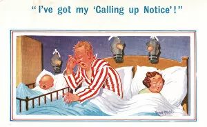 Images Dated 16th March 2021: Comic postcard, Couple and baby in bed with gas masks, WW2 - calling up notice Date