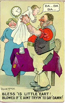 Comic postcard, Couple with baby Date: 20th century