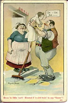 Comic postcard, Couple with baby Date: 20th century