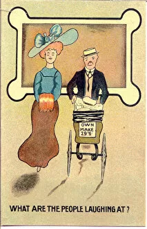 Comic postcard, Couple with baby in pram - What are the people laughing at