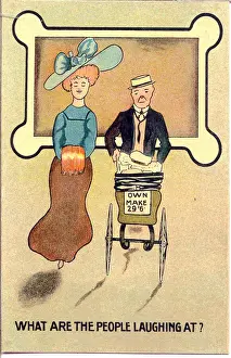 Comic postcard, Couple with baby in pram - What are the people laughing