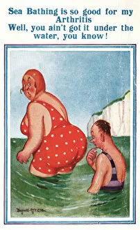 Comic postcard, couple bathing in the sea