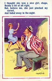 Stealing Prints: Comic postcard, Couple on the beach at night - theft of ice cream cornet Date
