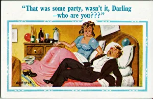 Surprised Gallery: Comic postcard, Couple in bed - who are you? Date: 20th century