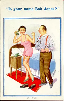 Skimpy Prints: Comic postcard, Couple in bedroom, phone call Date: 20th century