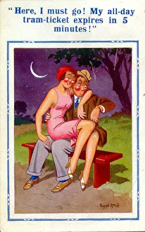 Comic postcard, Couple on a bench at night Date: 20th century Comic postcard, Couple on a bench at night Date: 20th century