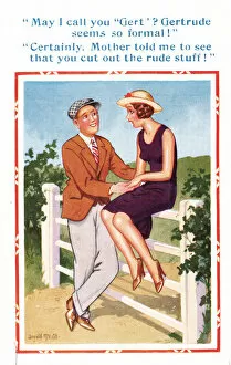Donald Gallery: Comic postcard, Couple chatting by a country gate - cut out the rude stuff Date