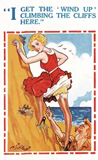 Nest Prints: Comic postcard, Couple climbing a cliff at the seaside - getting the wind up Date