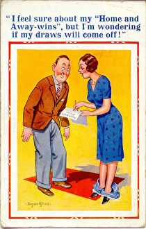 Wins Gallery: Comic postcard, Couple discussing the football pools Date: 20th century