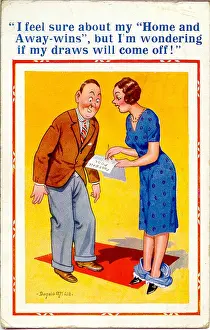 Pools Prints: Comic postcard, Couple discussing the football pools Date: 20th century