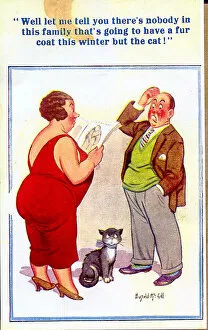 Obese Gallery: Comic postcard, Couple discussing fur coat
