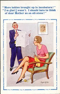 Discussion Prints: Comic postcard, Couple discussing incubators for babies Date: 20th century