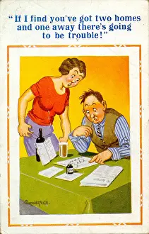 Pools Prints: Comic postcard, Couple doing the football pools Date: 20th century