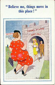 Exit Prints: Comic postcard, Couple emerge from Tunnel of Love, with baby Date: 20th century