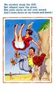 Comic postcard, Couple falling off a cliff onto the beach