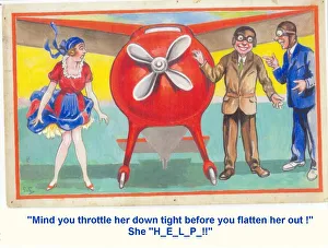 Alarming Gallery: Comic postcard, Couple about to fly in a monoplane - alarming advice from an expert pilot