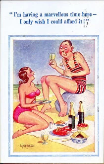 Comic postcard, Couple having picnic on the beach Date: 20th century
