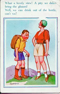 Sweating Prints: Comic postcard, Couple on a hiking trip Date: 20th century