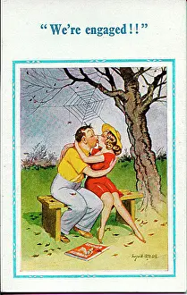 Comic postcard, Couple kissing on a bench - engaged Date: 20th century