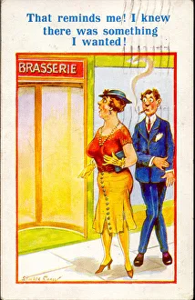 Stocker Prints: Comic postcard, Couple outside brasserie