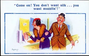 Comic postcard, Couple passing shop window Date: 20th century Comic postcard, Couple passing shop window Date: 20th century