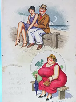 Comic postcard, Couple and plump lady