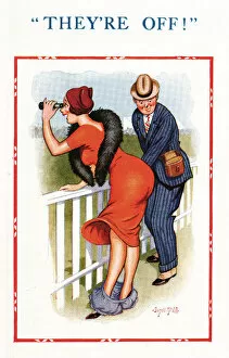 Binoculars Collection: Comic postcard, couple at the races - They re Off