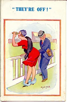 Comic postcard, couple at the races - They re Off