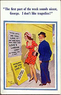 Loves Prints: Comic postcard, Couple reading theatre poster Date: 20th century
