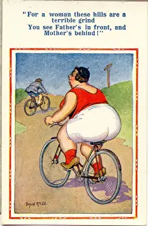 Steep Prints: Comic postcard, Couple riding bicycles on a country lane Date: 20th century