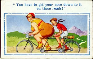Obese Gallery: Comic postcard, Couple riding tandem on a country lane